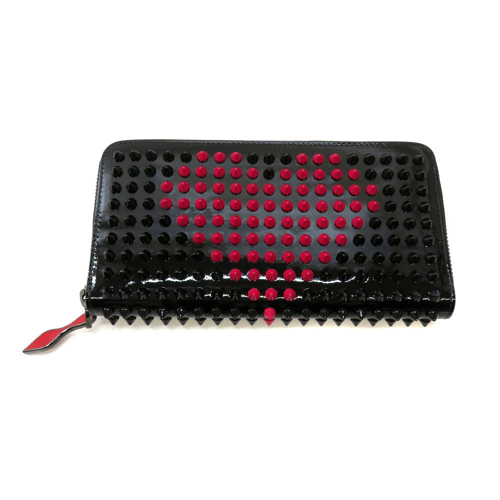 Christian Louboutin Round Zip Long Wallet Patent Calf Heart Black Red